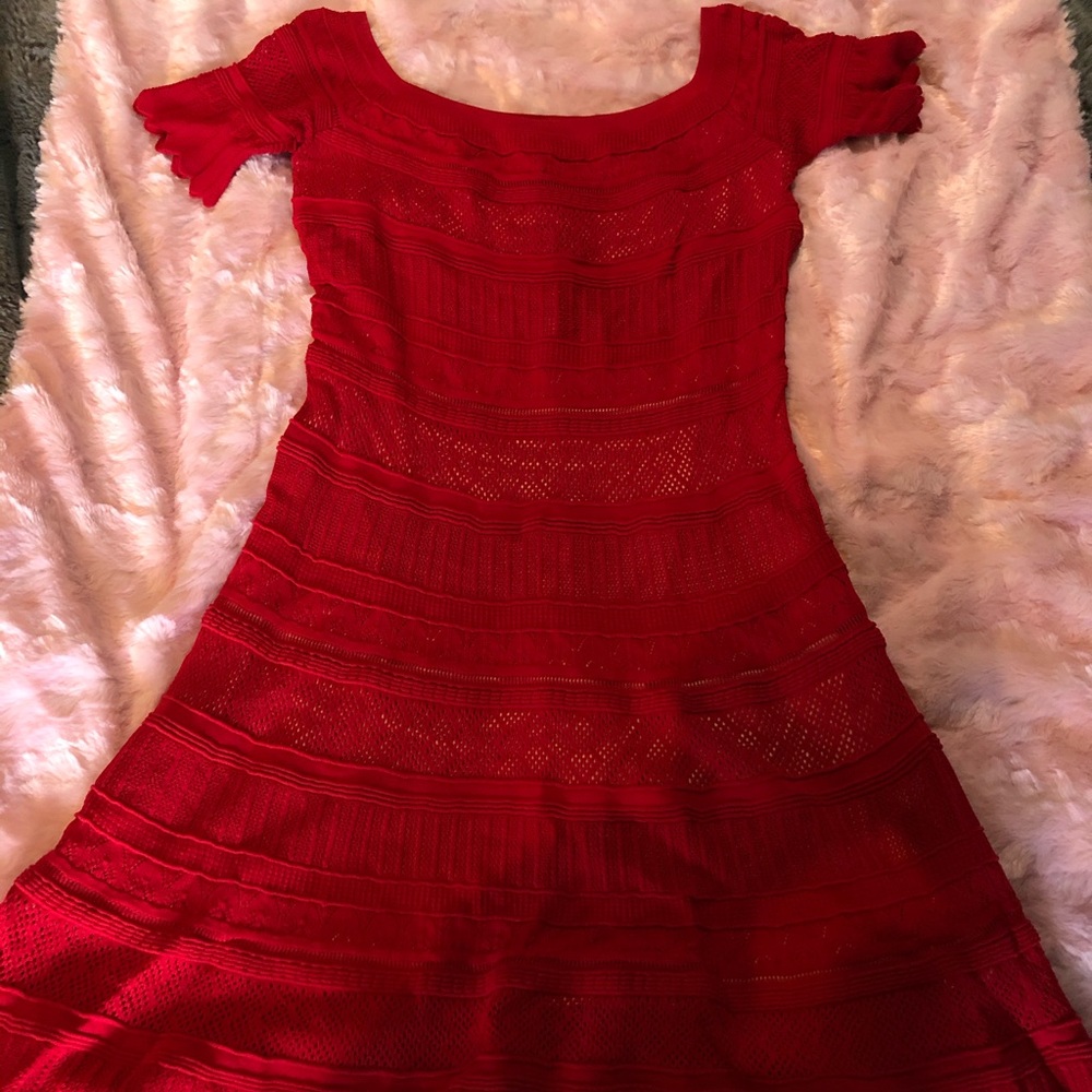 Red lace off the shoulder dress